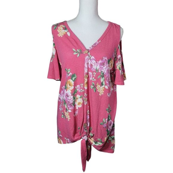 First Love Pink Floral Cold Shoulder Lovely  Button Tie Front Womens Large - Picture 10 of 10